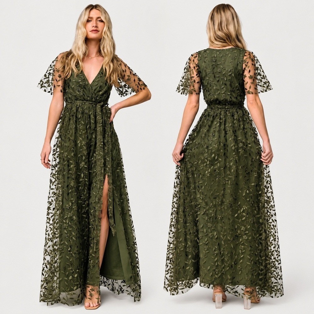 Baltic Born Olive Green Lace Embroidered Maxi Dress Women M Wrap Floral Romantic